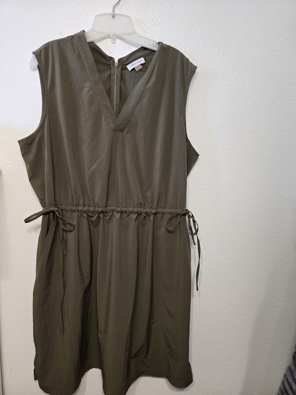 Calvin Klein Olive Green Drawstring Mini Dress For Play Days To Relax, Have Fun
